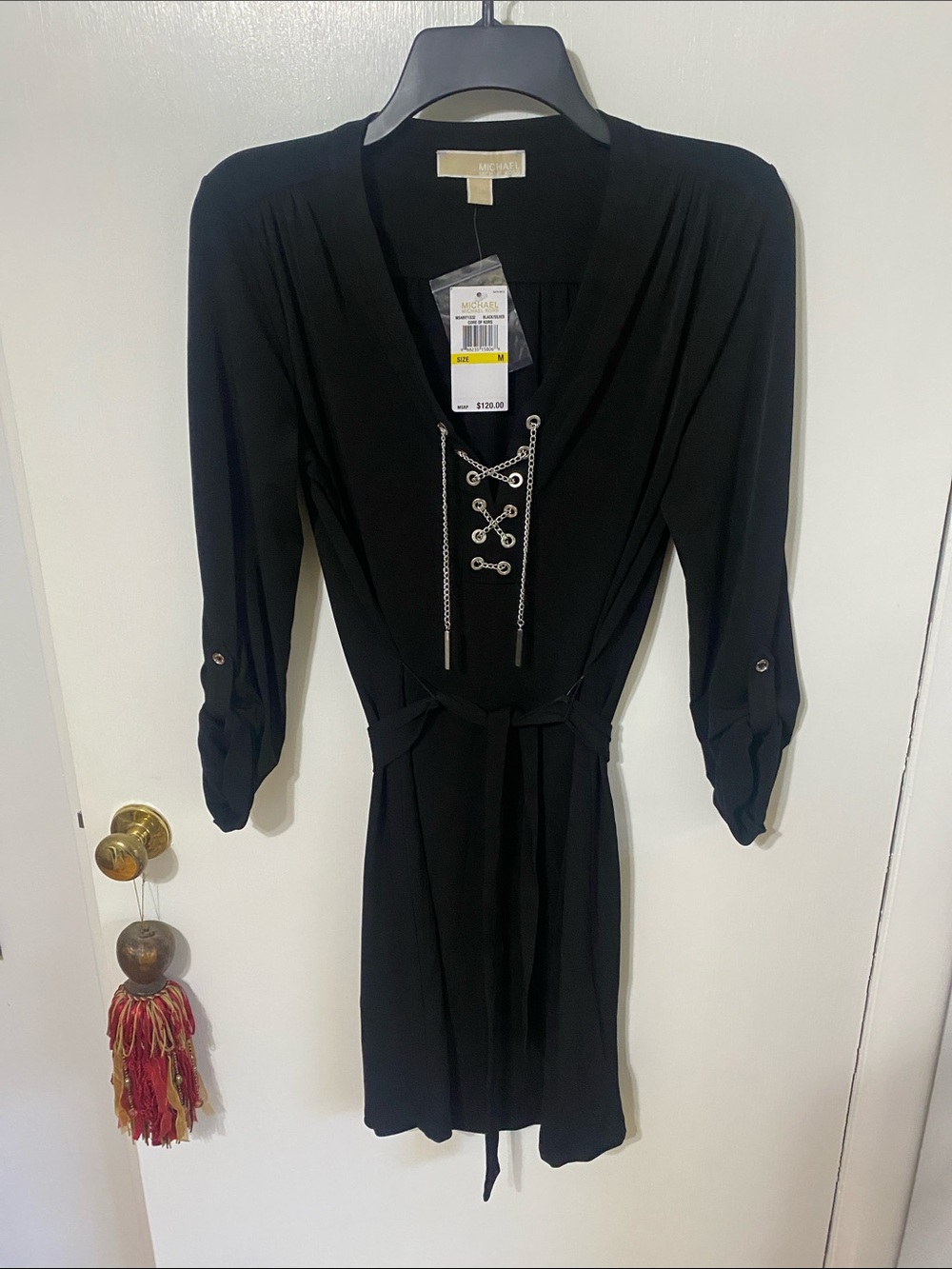 Michael Kors Black Lace-Up V-Neck Long Sleeve Dress